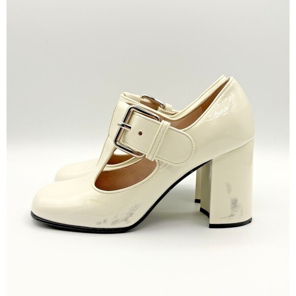 Miu Miu White Patent Leather Mary Jane Heels T-Strap Block Heel Sz EU 35.5 - Picture 2 of 13